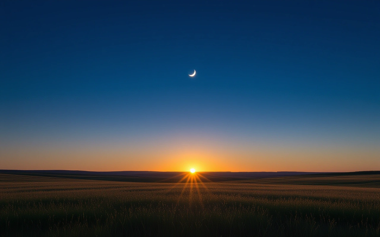 First light over a flat prairie horizon under a crescent moon